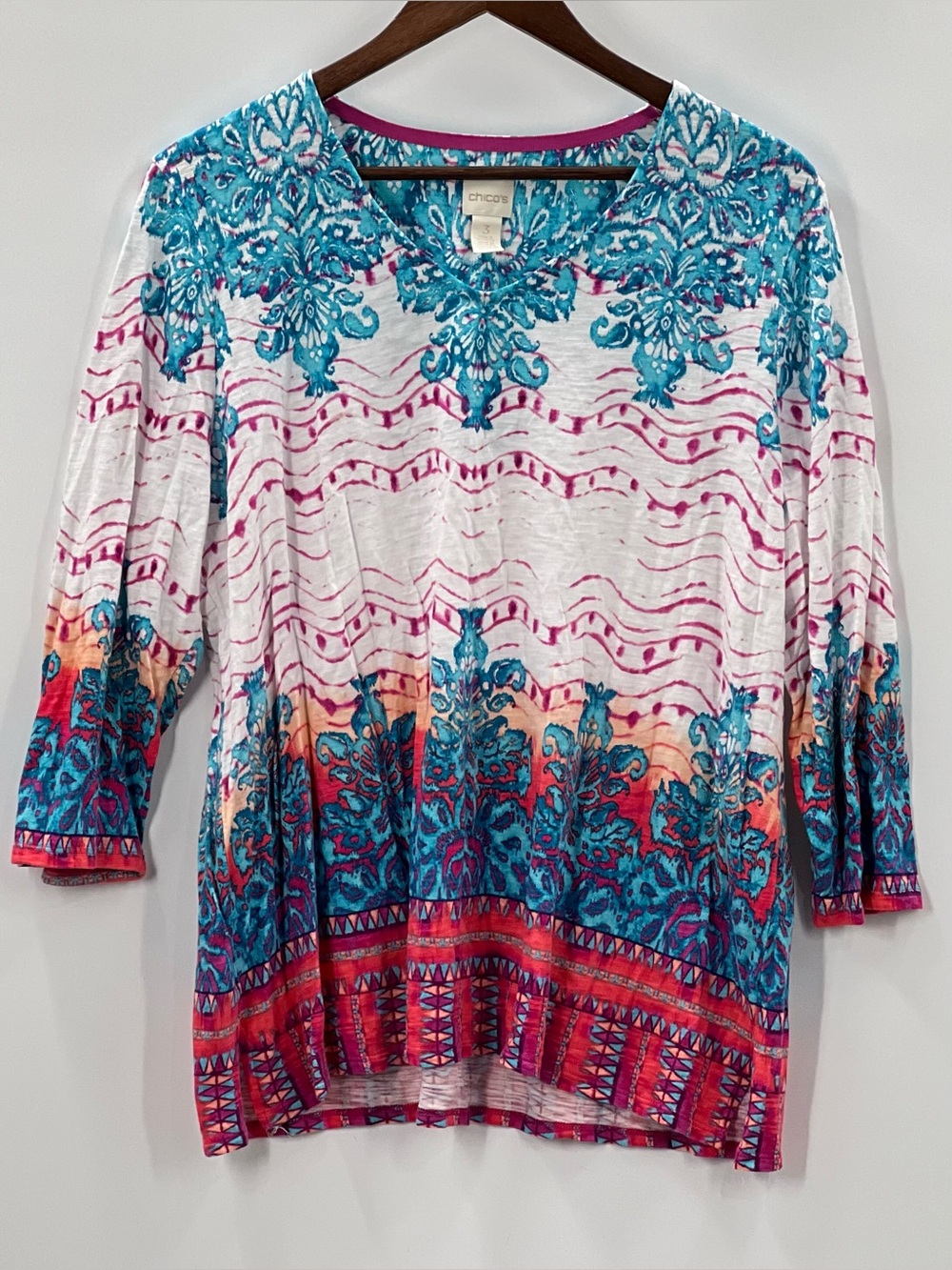 401 Chico's XL White Tunic with Teal, Pink & Orange Floral Border Print